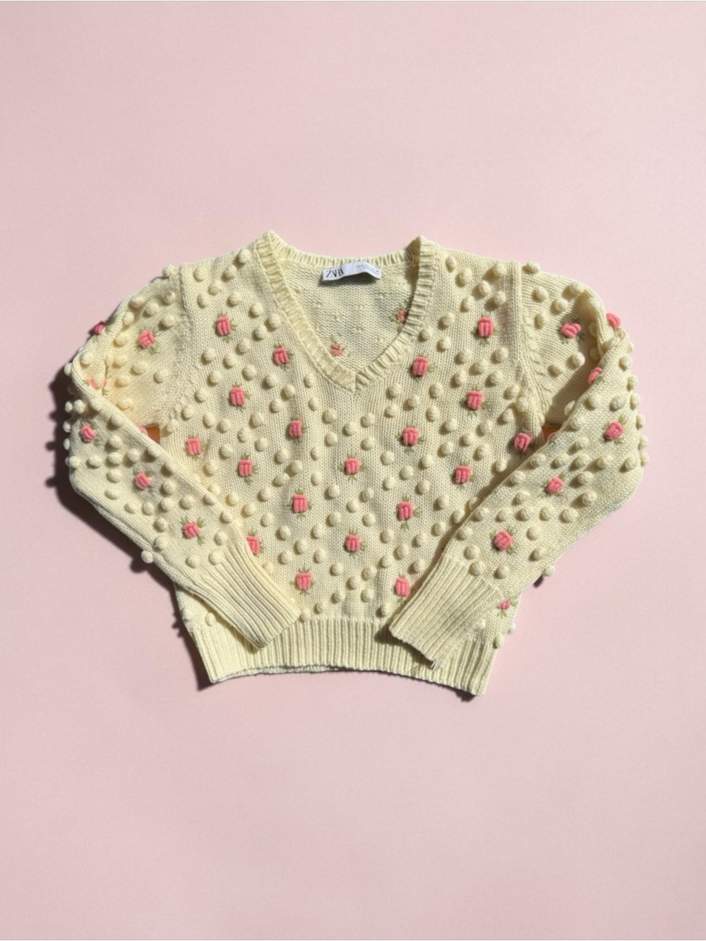 Zara Floral Pompom Knit Sweater in Cream Size S
